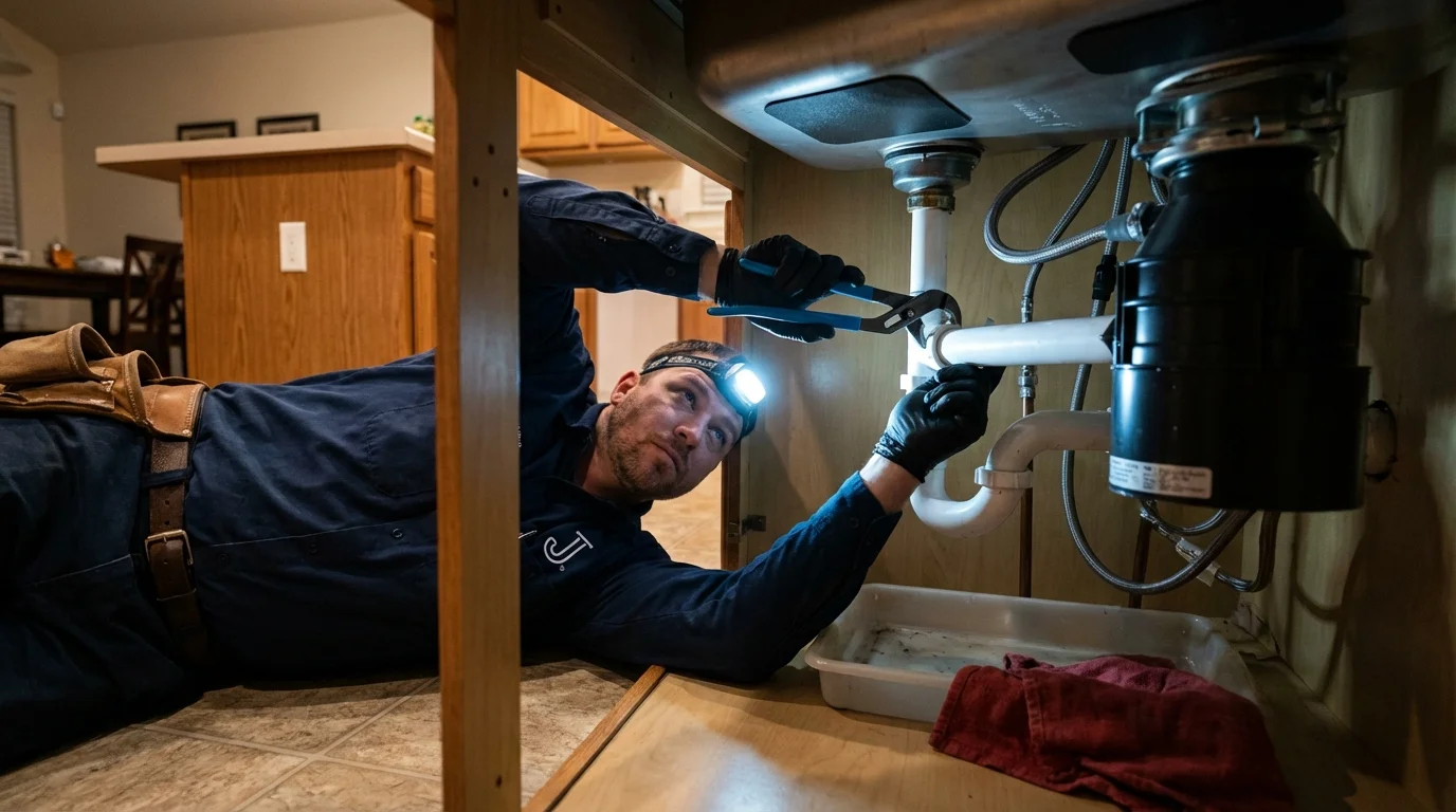 P-trap and supply line connections under a kitchen sink showing a common leak point in Robstown, TX